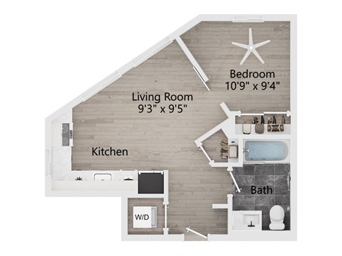 Floor plan for studio, 1 bath, 509 sqft